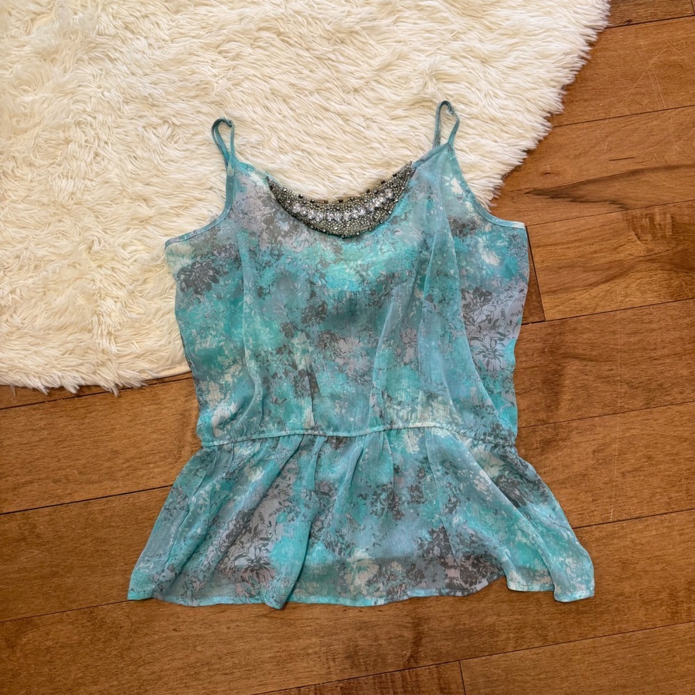 Maurices Teal Floral Beaded Peplum Cami Top Womens XL Boho Glam Chiffon Blouse